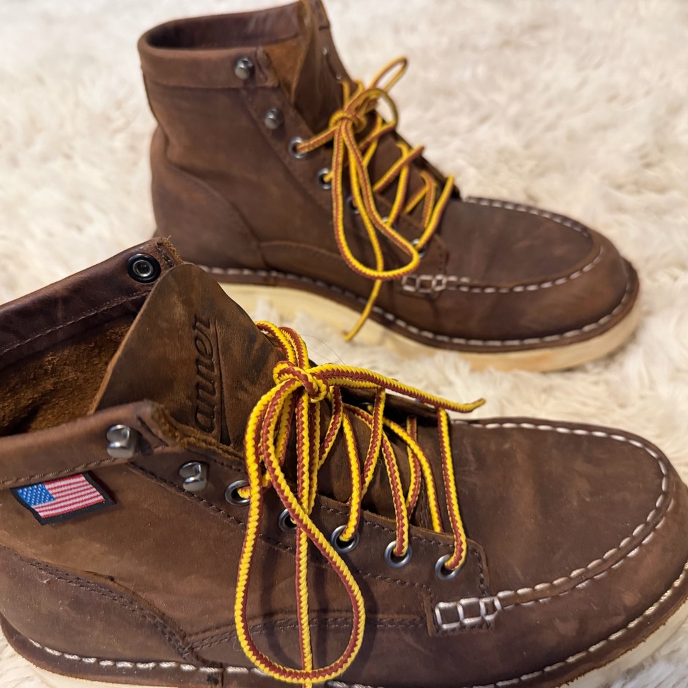 Danner Brown Leather Bull Run Moc Toe Boots with Yellow Accent Laces